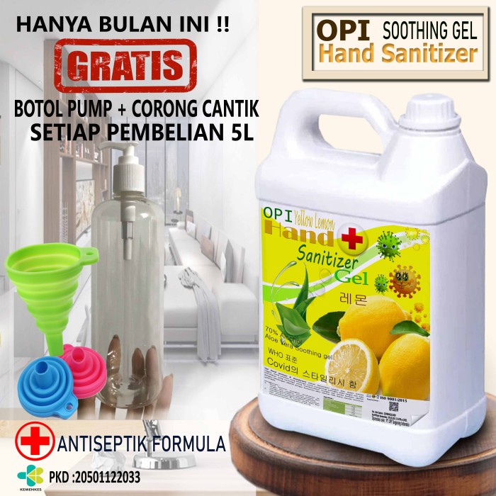 Hand Sanitizer Gel 5 Liter Lemon dan lainnya Bonus Botol dan Corong Produk OPI varian baru By Oke Sabun sudah ada izin edar resmi by Oke sabun suplayer