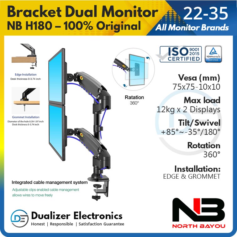 Bracket TV Dual Monitor LED 22 24 27 32 34 35 Inch NB H180 Desk Mount Stand Arm Gas Spring Meja TV Monitor