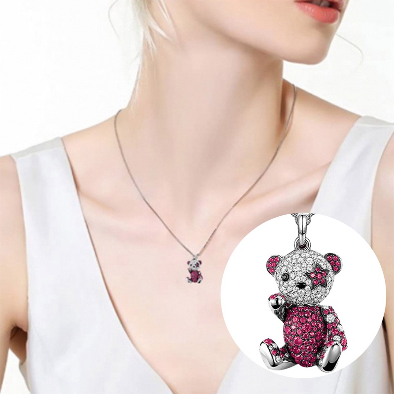 Kalung Liontin Kristal Bentuk Beruang Bahan 925 Sterling Silver Gaya Hip Hop Untuk Wanita