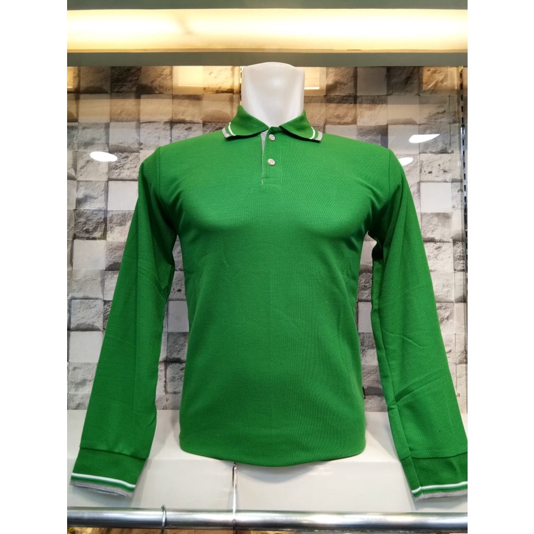 Kaos Kerah Polo Shirt Lis Lengan Panjang Warna Hijau Fuji Untuk Cewe Cowo Seragam Partai