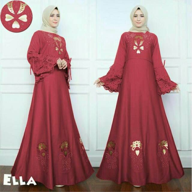 Gamis Ella Busana Muslim Lebaran Wanita Motif Bunga Warna Merah