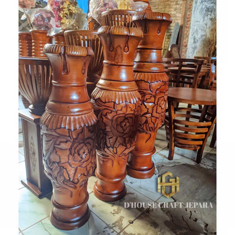 Guci Hias Kayu Jati Set 3 Pcs Big Size Guci Ukiran Bunga Cantik