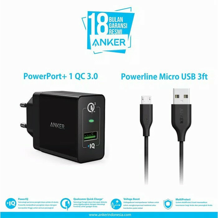 ANKER Charger Powerport plus 1 with Quick Charge 3.0 and Micro USB Original 100%