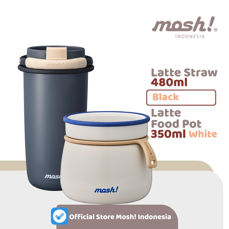 Mosh Straw Latte Tumbler 480ML BLACK & Mosh Food Pot 350ML WHITE