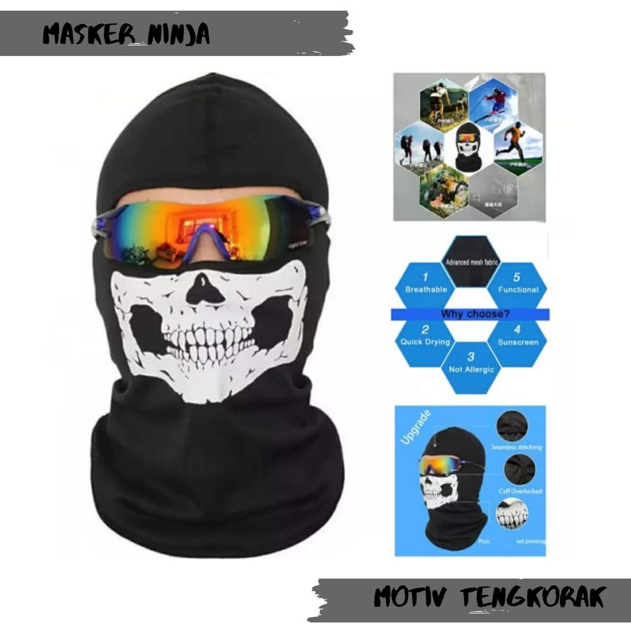 MASKER FULLFACE HELM MOTOR WARNA HITAM MOTIF TENGKORAK MASKER BUFF BALACLAVA MODEL NINJA