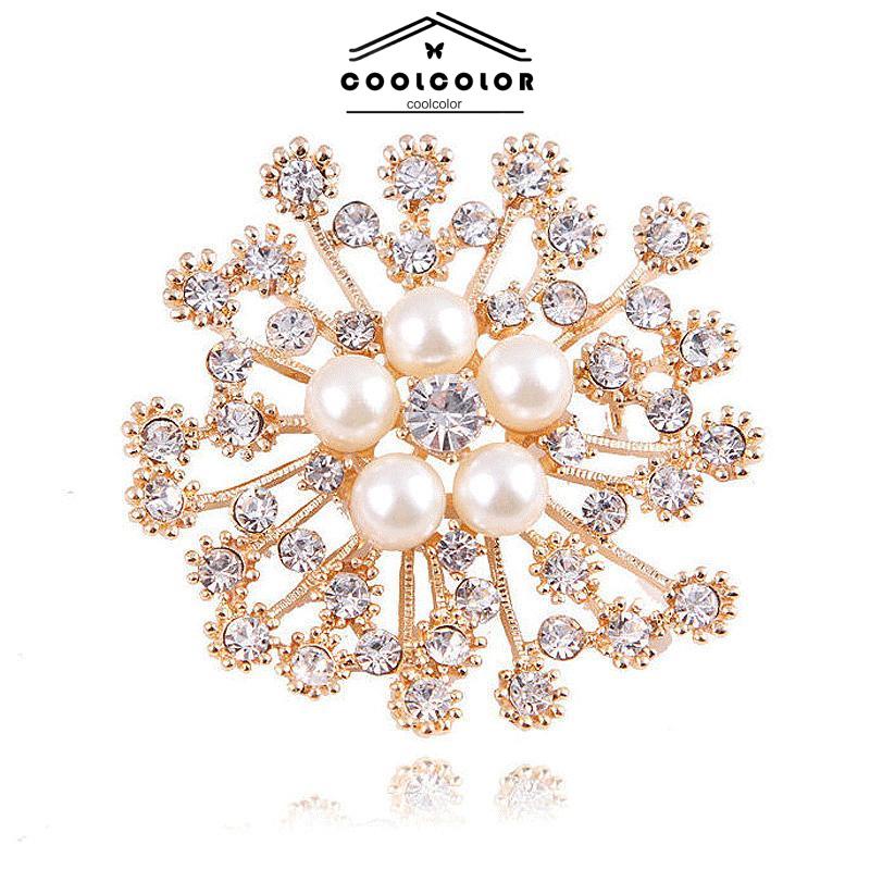 COD❤️ Bros Mutiara Kepingan Salju Pin Bunga Berlian Imitasi Fashion Wanita Pakaian Pin Aksesoris Wanita Fashion Mewah Korea