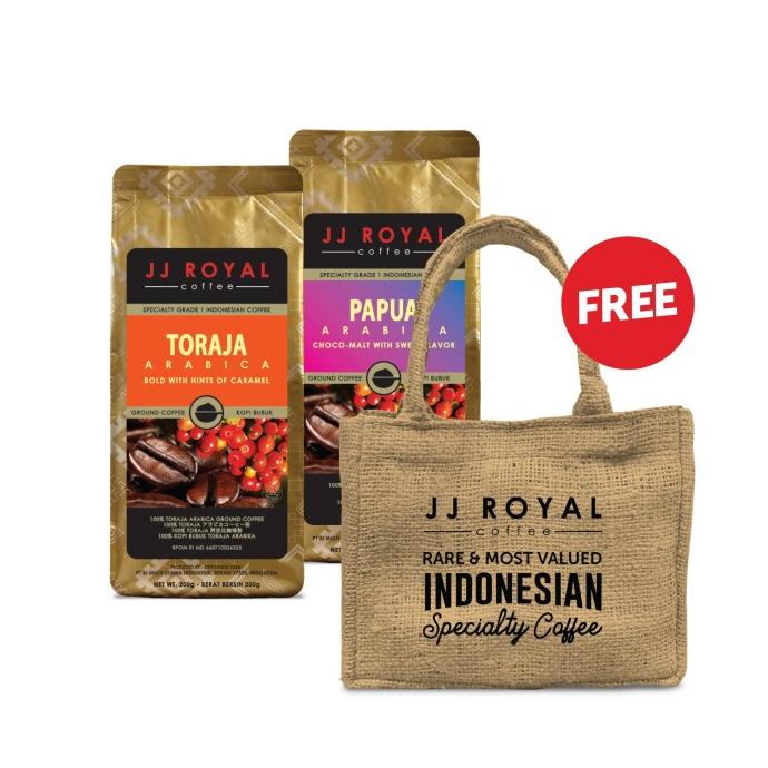 

Bundling JJ Royal Coffee Toraja & Papua Arb Bag 200gr FREE Tas Goni
