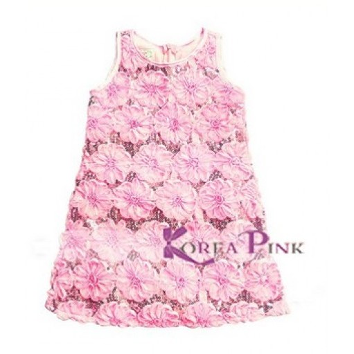 dress bunga motif timbul KP 106 (Korea Pink 106) gaun import untuk anak perempuan