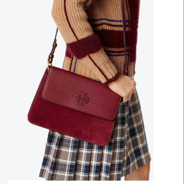 Tas original authentic black maroon coklat Tory Burch McGraw Mixed Suede