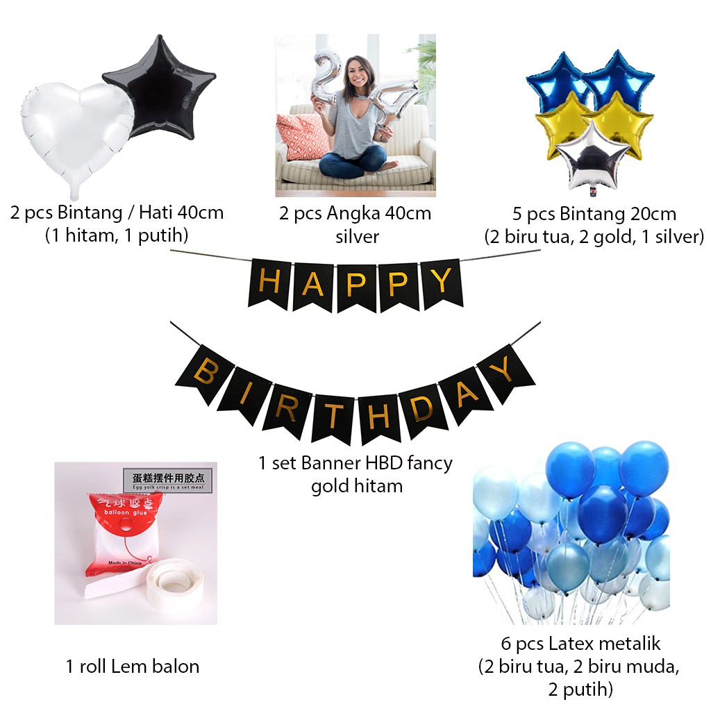 [PAKET] BIRTHDAY Set SIMPLE BLUE GOLD BANNER Dekorasi Backdrop Ulangtahun