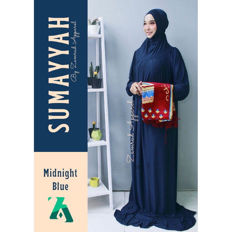 Mukena abaya terusan dewasa Sumayyah, mukena zamrud, baju syar'i, rukuh terusan, telekung navy blue,