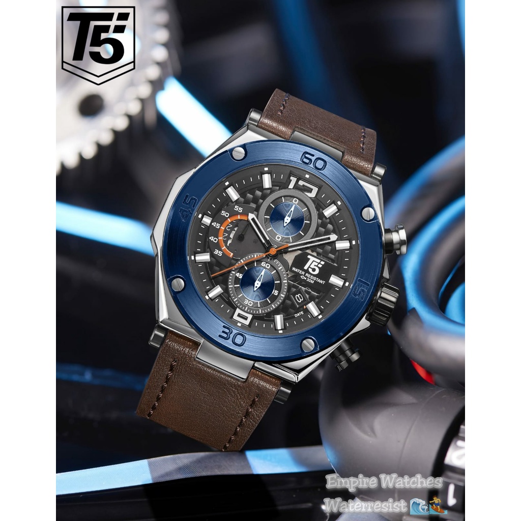 Jam Tangan T5 H3881G H3881 3881 Pria Cowok Analog Chrono dan Tanggal Aktif Strap Leather Kualitas Or