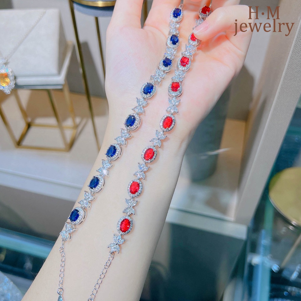 Sapphire Gelang Tangan Batu Safir Merah Aksen Berlian Imitasi Untuk Wanita