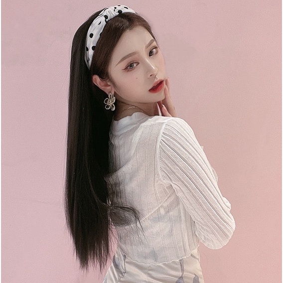 Wig Bando Lucu Wanita Motif Polkadot Korean Version Headband Hair Long Straight Simple Style / Aksesoris Rambut Wanita