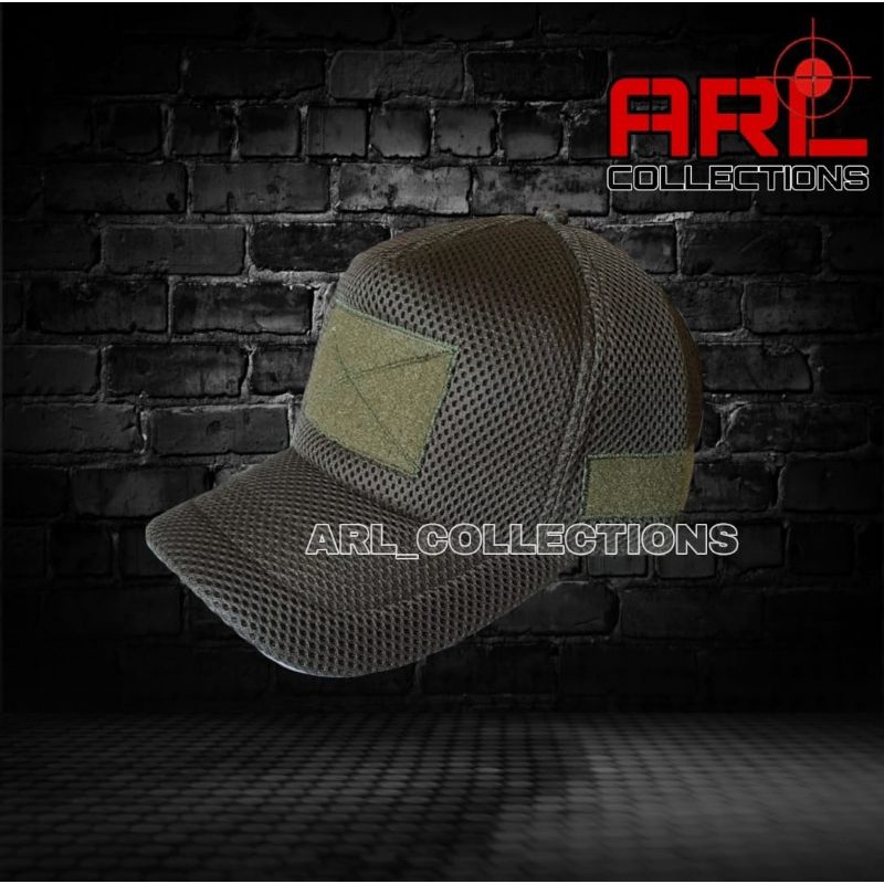 topi jala double mes hijau army / topi jaring velcro tactical