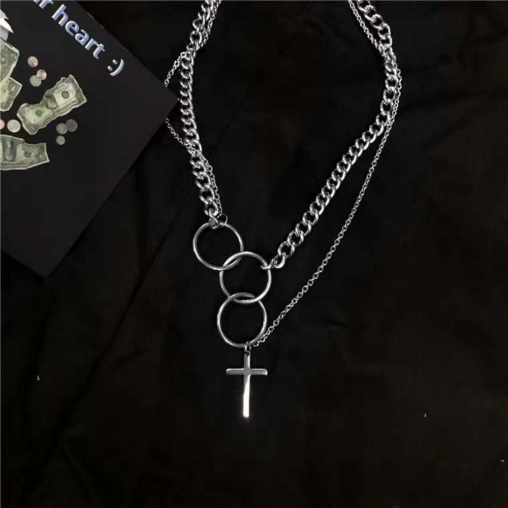 Needway  Trendy Circle Necklaces Punk Choker Clavicle Chain Metal Linked Double Layers Cross Pendant Men For Women Harajuku Fashion Jewelry/Multicolor