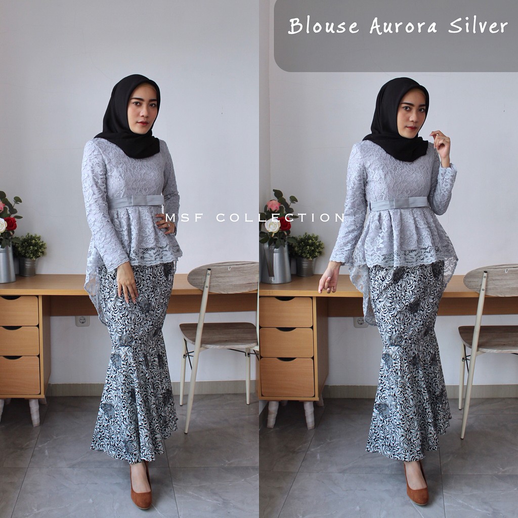 Kebaya Modern Set Brukat Duyung Silver