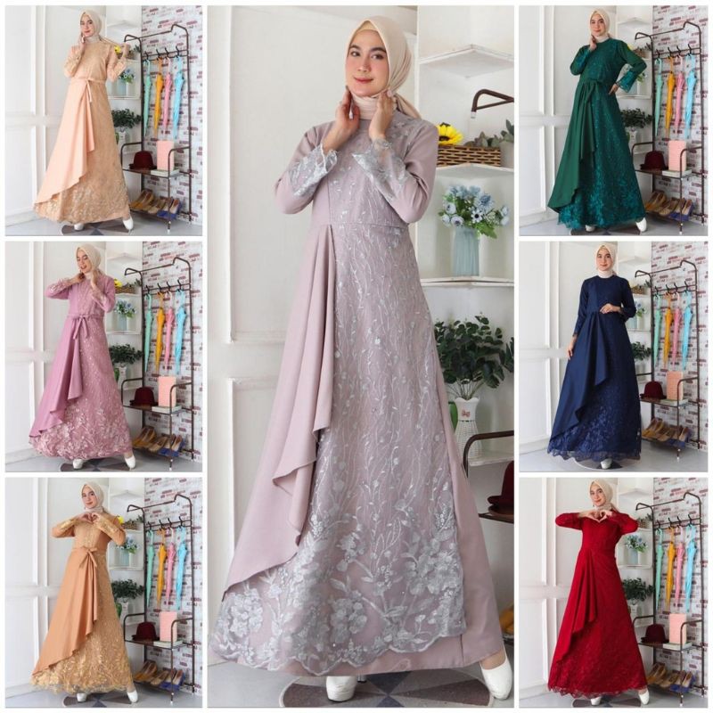 Gamis mafaza brukat tile / dres maxi lebaran brukat tile