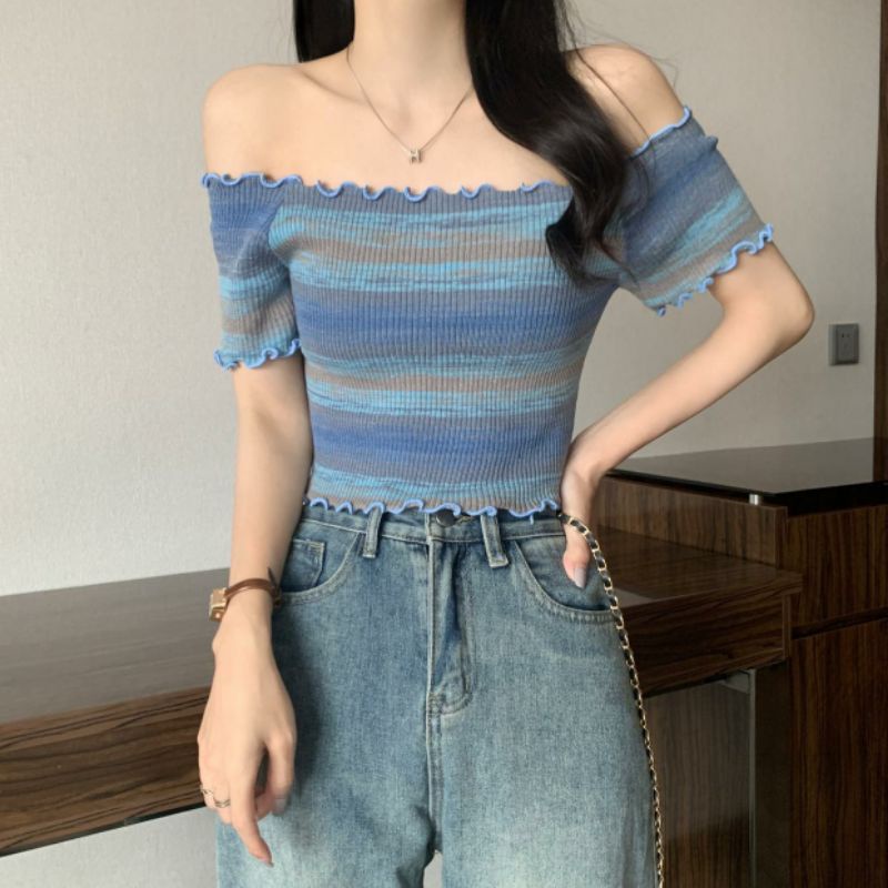 45610 Atasan  Baju krop top realpic cropped kropped garis warna warni bahan rajut ngaret melar impor