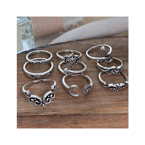 LRC CINCIN Fashion Ancient Silver Color Suit Carved Snake Moon Ring Set