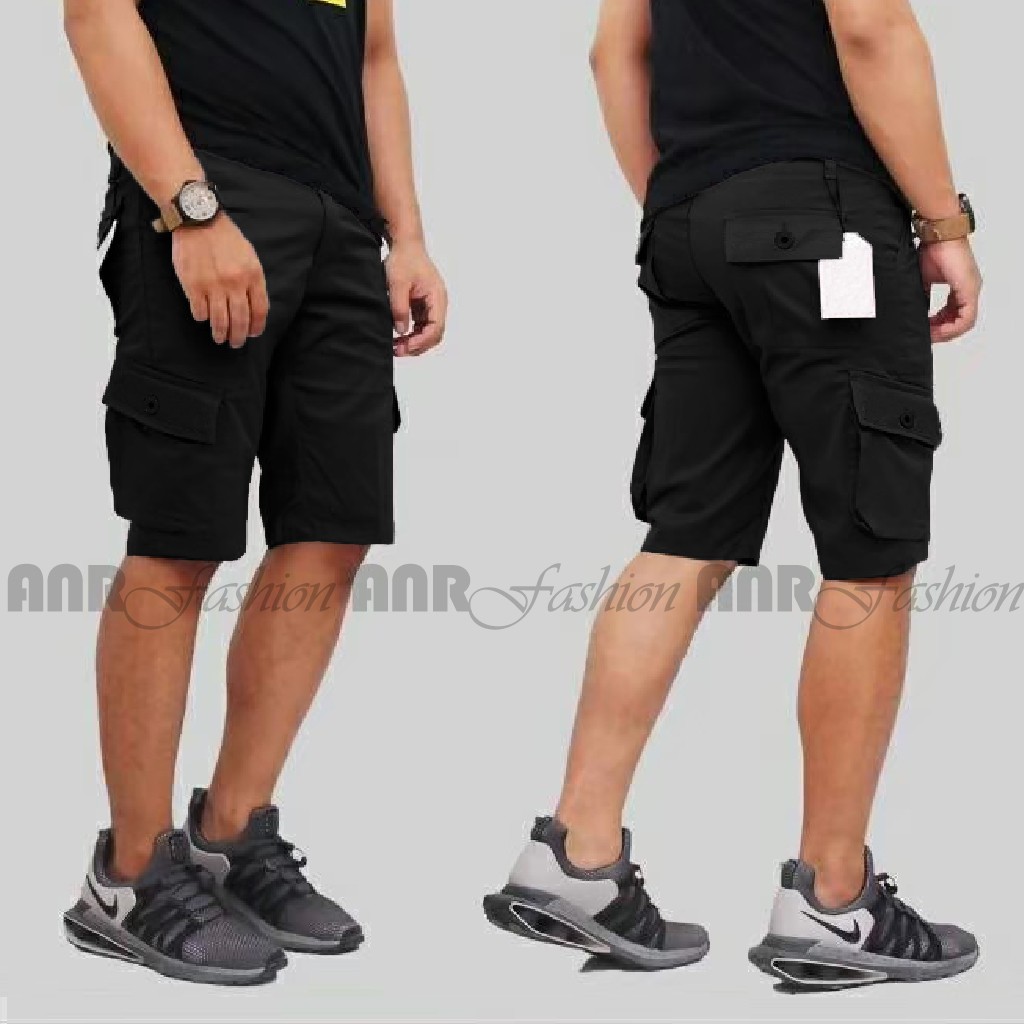 Celana Pendek Cargo/Kargo Pria/Cowok Bahan Canvas Twill bisa Melar - Hitam / Abu Tua