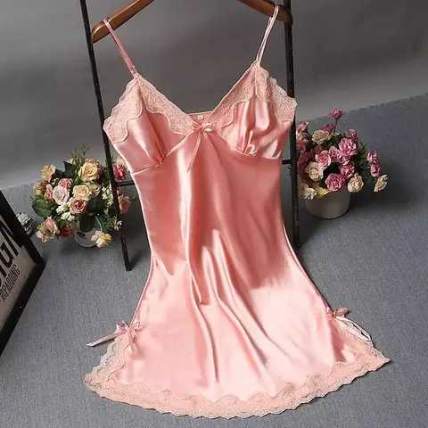 *Alibaba* Set Baju Tidur Wanita Lingerie Sexy Bahan Satin Tanpa Lengan-PINK