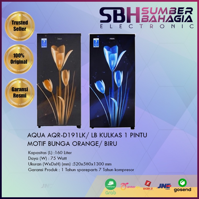 AQUA AQR-D191LK/ LB KULKAS 1 PINTU MOTIF BUNGA ORANGE/ BIRU (NEW)