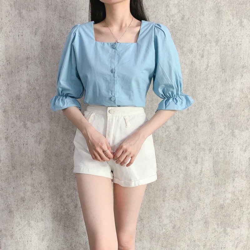 FALIE TOP BAJU ATASAN BLOUSE WANITA LENGAN PENDEK BAHAN KATUN COTTON RUFFLE POLOS FUCHSIA SHOCKING PINK BUTTER PASTEL YELLOW TEA PASTEL GREEN ROUGE DARK PINK LIGHT BLUE DARK BLUE-1