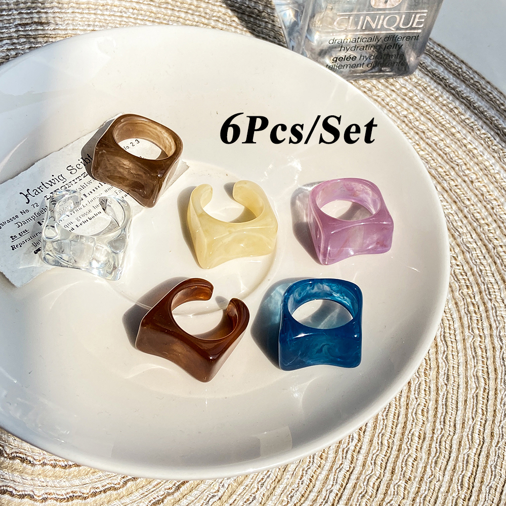 6pcs / Set Cincin Resin Transparan Model Terbuka Gaya Korea Untuk Aksesoris Perhiasan