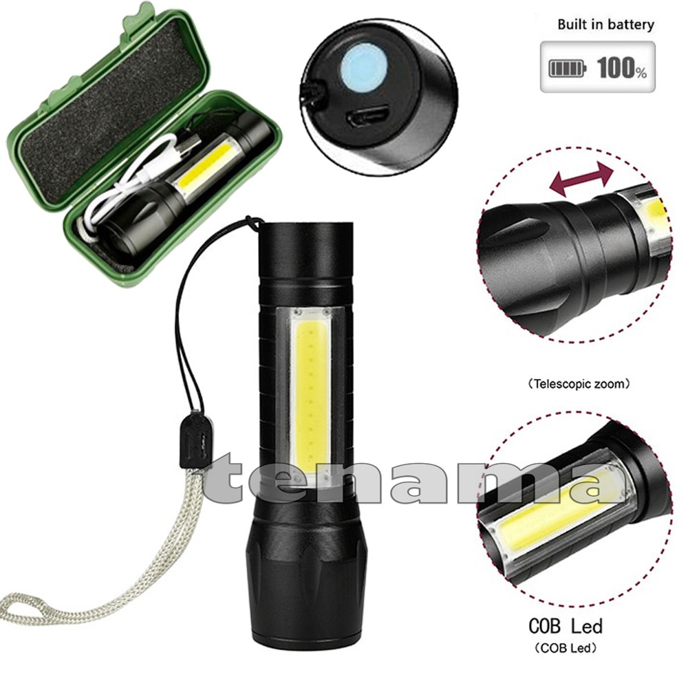 Senter LED Q5 COB 2300 Lumens Body Besi USB Rechargeable Bonus Kotak