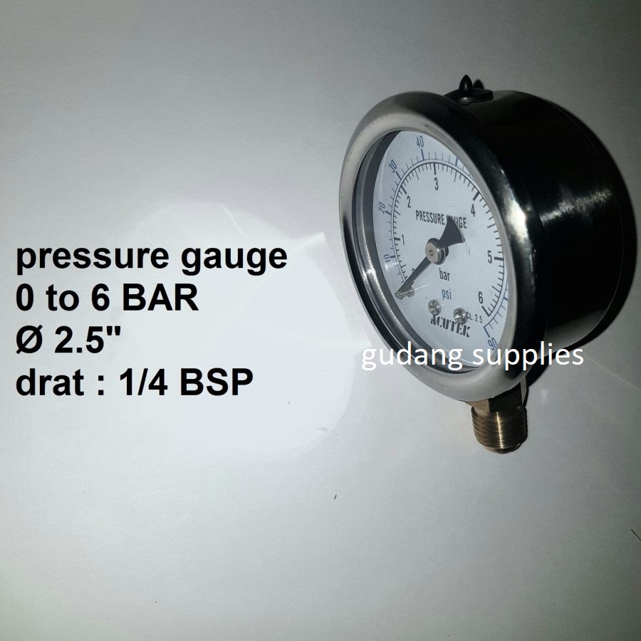 Jual Pressure Gauge 0 to 6 bar. 2.5" Drat 1/4 BSP + Minyak Shopee