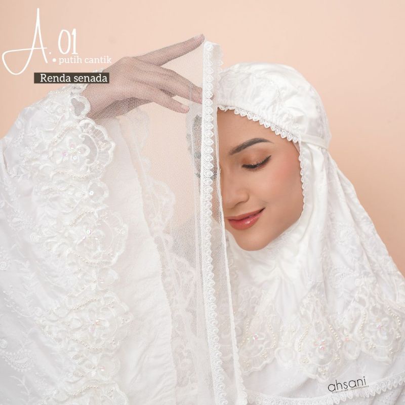 MUKENA A.O1 SUTRA FULL BORDIR ORIGINAL AHSANI RENDA TILE MANIK MUTIARA
