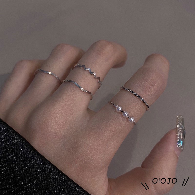 【COD】5pcs / Set Cincin Mutiara Geometris Gaya Korea Untuk Aksesoris Wanita