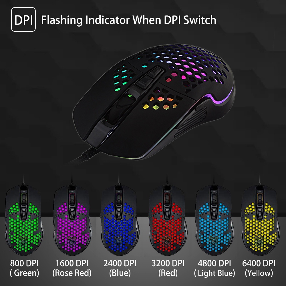 Mouse Kabel Terang Untuk Gaming Honeycomb Mouse Hollow Hole Bright Wired Mouse Mouse Mouse Gamer Optik Dengan LED RGB