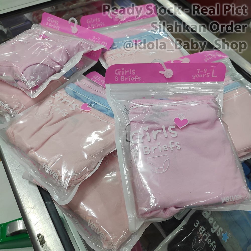 Velvet Junior Girl Underwear Brief Solid Color Pink 3pcs Celana Dalam Anak Perempuan