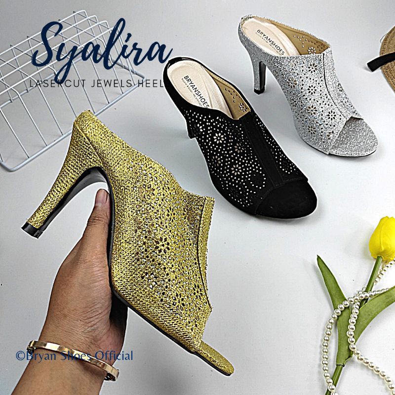 Bryan Syalira Heels Glittar Lasercut Press Permata Pesta Sepatu Hak Peep Toes Tinggi 9cm Glamour