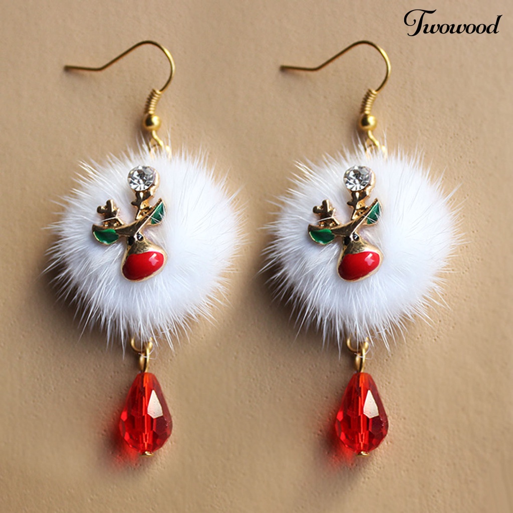 Twowood 1 Pair White Plush Ball Red Rhinestone Xmas Earrings Alloy Santa Claus Elk Pendant Hook Earrings Fashion Jewelry