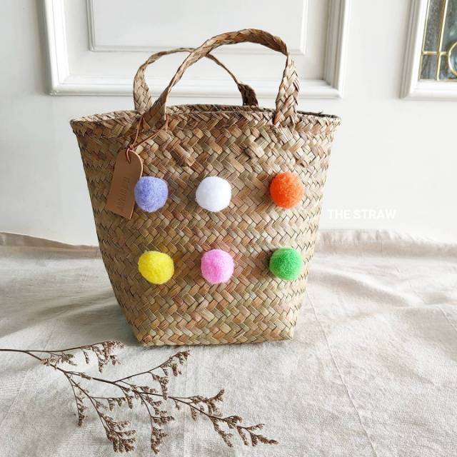 Straw Bag Pompom Tas Pom Pom Anyaman Lucu Unik