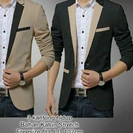 ☺ JAS BLAZER FASHION PRIA MODERN WARNA KOMBINASI HITAM CREAM BAJU COWOK PAKAIAN MODEL LAKI UNDANGAN 
