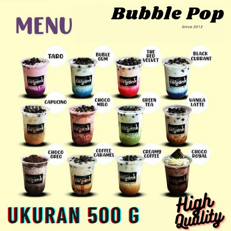 

bubuk minuman Boba kekinian Bubble Pop (Taro,Coklat,Bubble Gum,Vanila,coffee caramel)