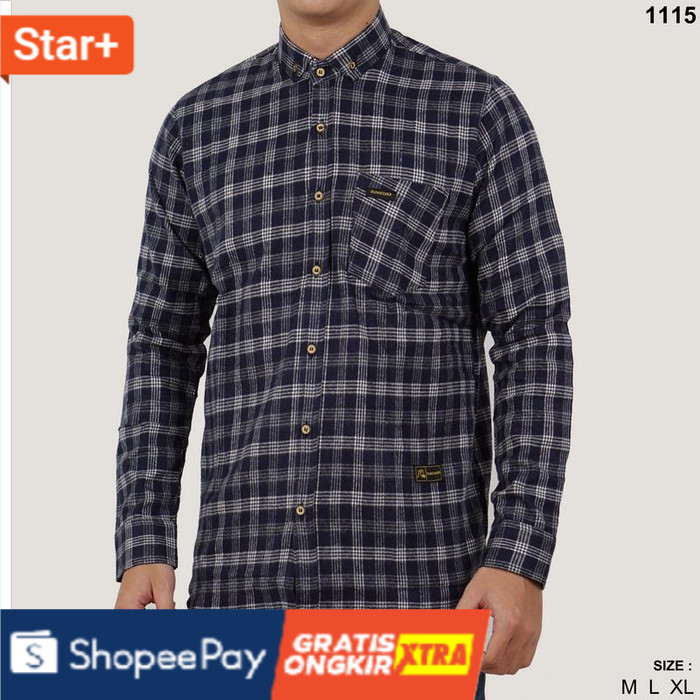 1115 Kemeja Flanel Pria Black Grey Tartan List Elegan Sangat Laku