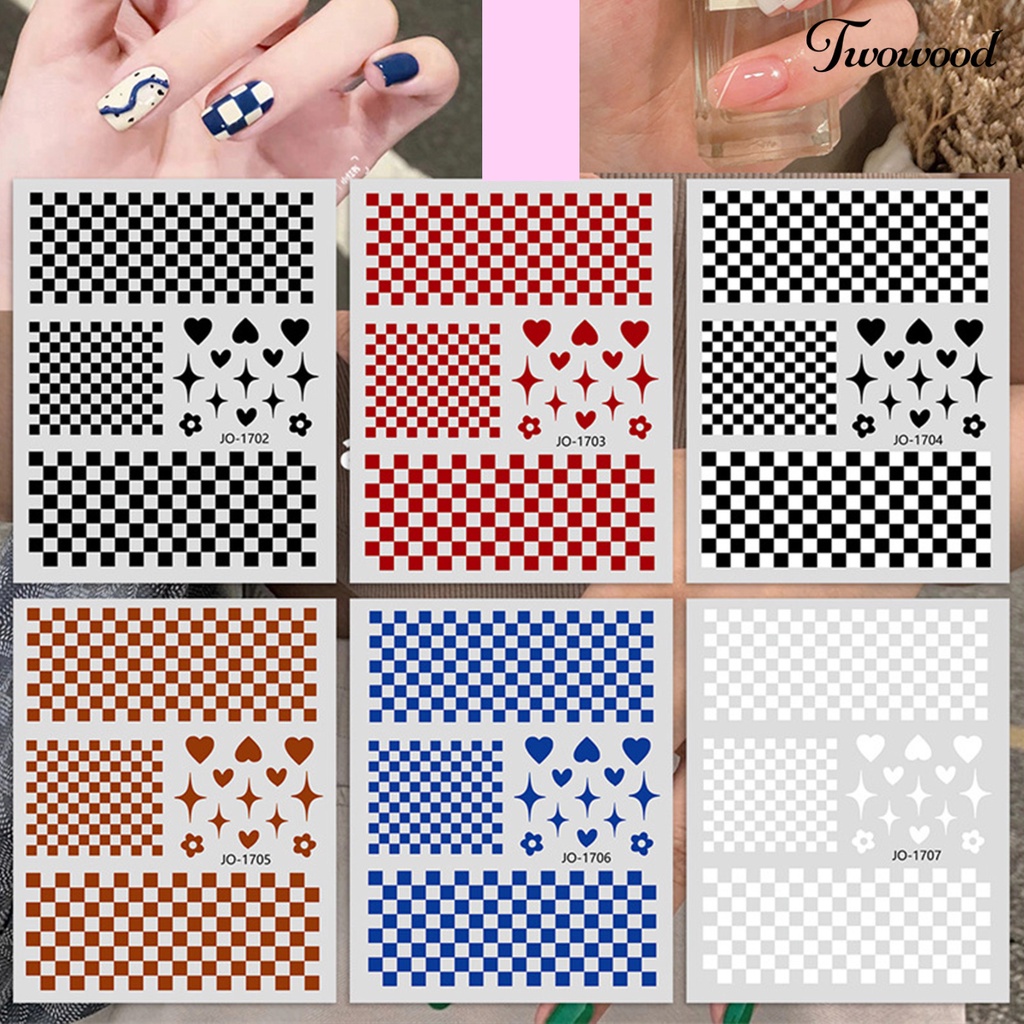 Twowood Stiker Kuku Motif Kotak-Kotak Untuk Nail Art