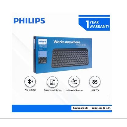 Keyboard philips bluetooth wireless 2.4ghz membrane 85 keys tkl multimedia for office gaming pc laptop phone tablet k-624 k624