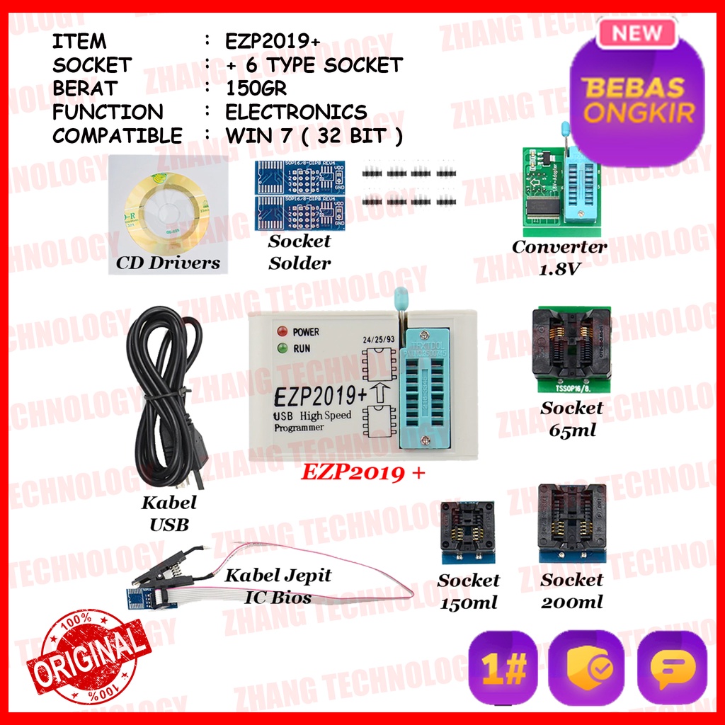 [ ZHANG TECHNOLOGY ] LENGKAP ALAT FLASH BIOS EEPROM PROGRAMMER EZP2019+ LAPTOP TV  150+200+65+1.8V+K