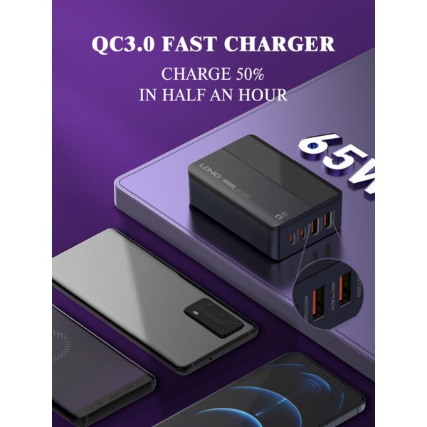 LDNIO A4808Q - 65W Fast Charge Desktop Charger - Support PD and QC 3.0 - 2 USB Port + 2 USB-C Port - Bisa untuk Smartphone, Tablet dan Laptop