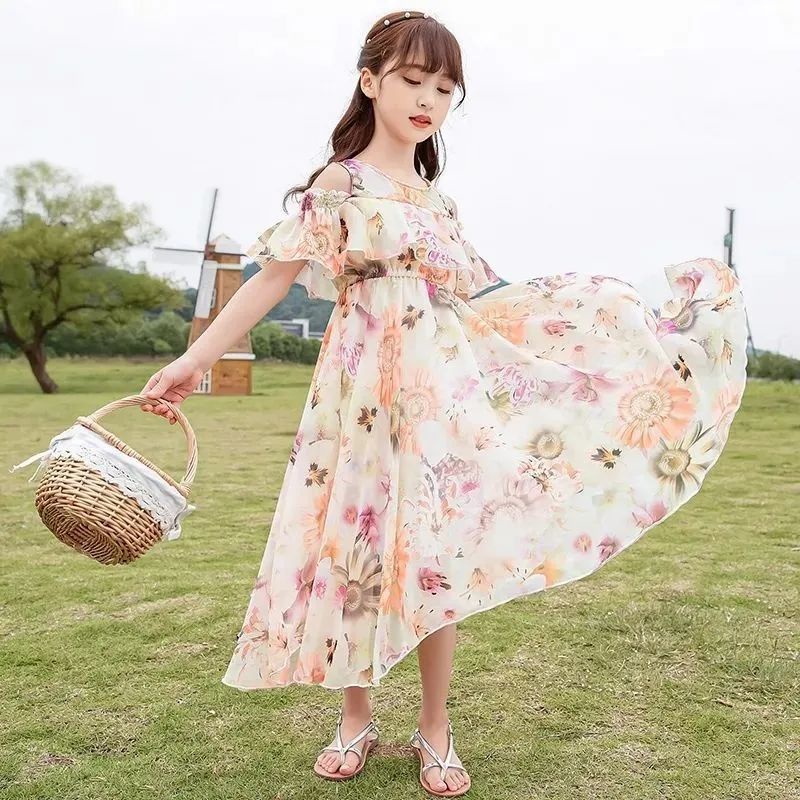 Girls Chiffon Dress summer dress 2021 new Korean version net red foreign style big girls broken flow