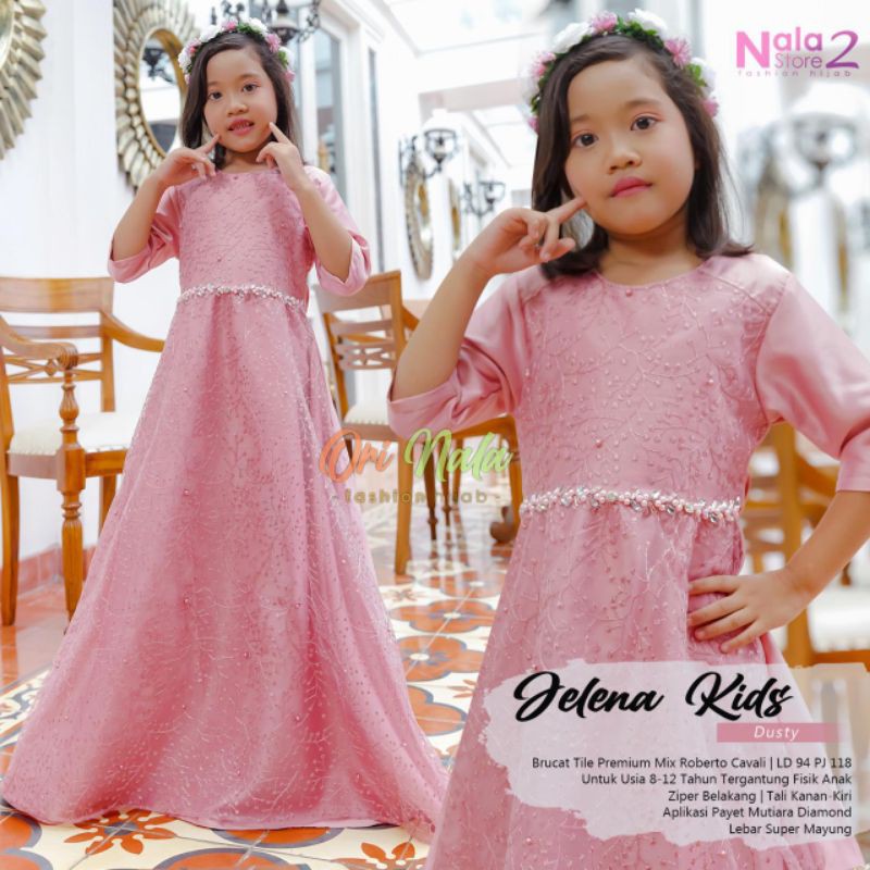 dress anak Jelena kids, bahan brokat tile premium mix roberto cavali