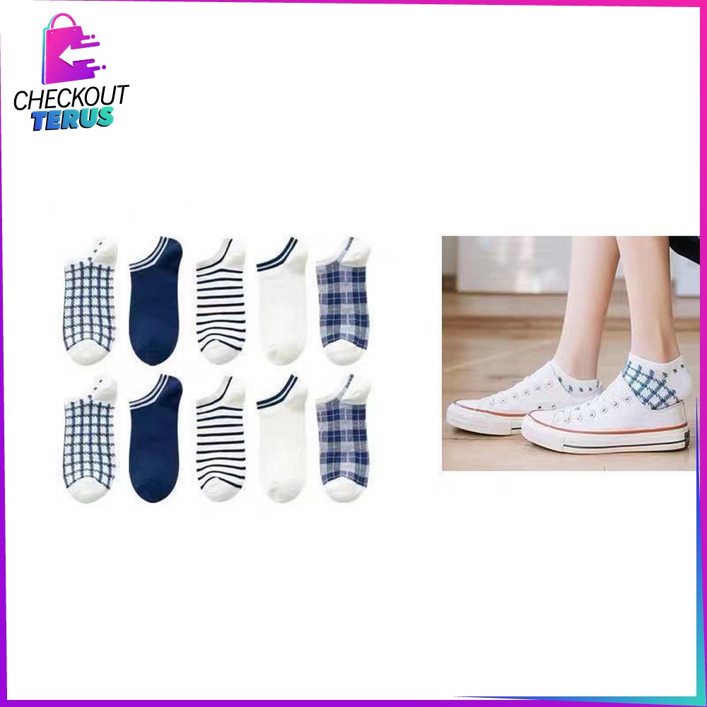 CT P187 Kaos Kaki Pendek Wanita Motif Kotak Biru Kaus Kaki Pendek Wanita Dewasa Fashion Korean Style