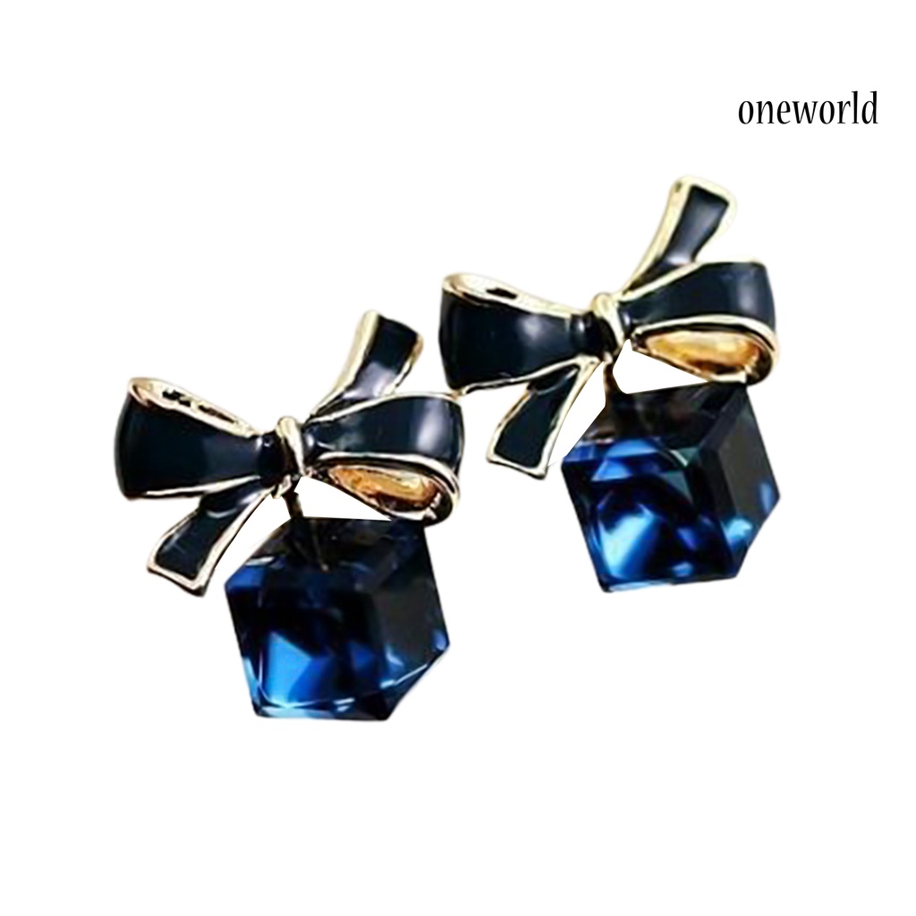 OW# 1 Pair Fashion Faux Crystal Bowknot Cube Ear Stud Earring Jewelry Accessory for Party