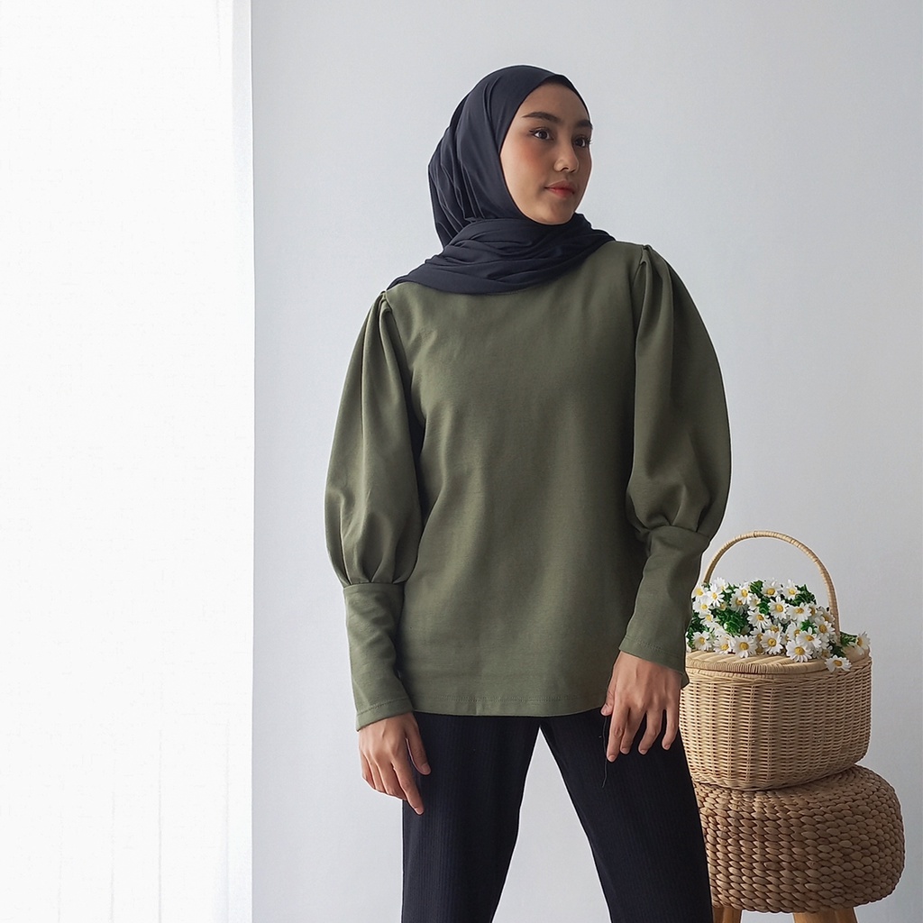Isla Nerea Top Basic - Blouse Wanita Lengan Balon - Textured Cotton-ARMY